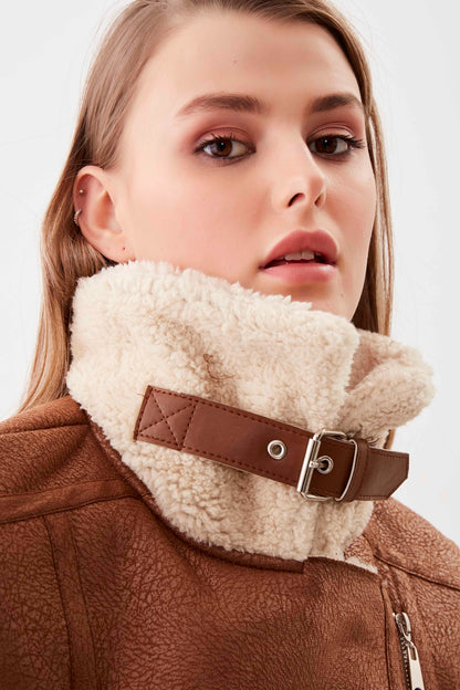 BIKER JACKET WITH FAUX LEATHER COLLAR TIE
