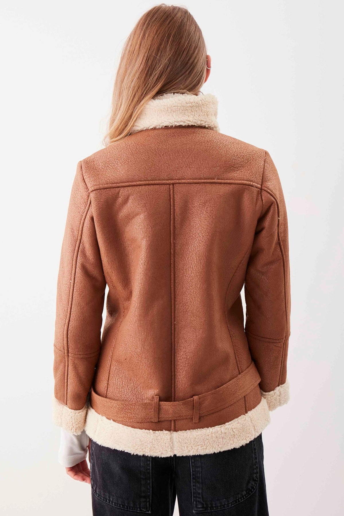 BIKER JACKET WITH FAUX LEATHER COLLAR TIE