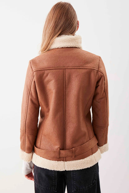 BIKER JACKET WITH FAUX LEATHER COLLAR TIE