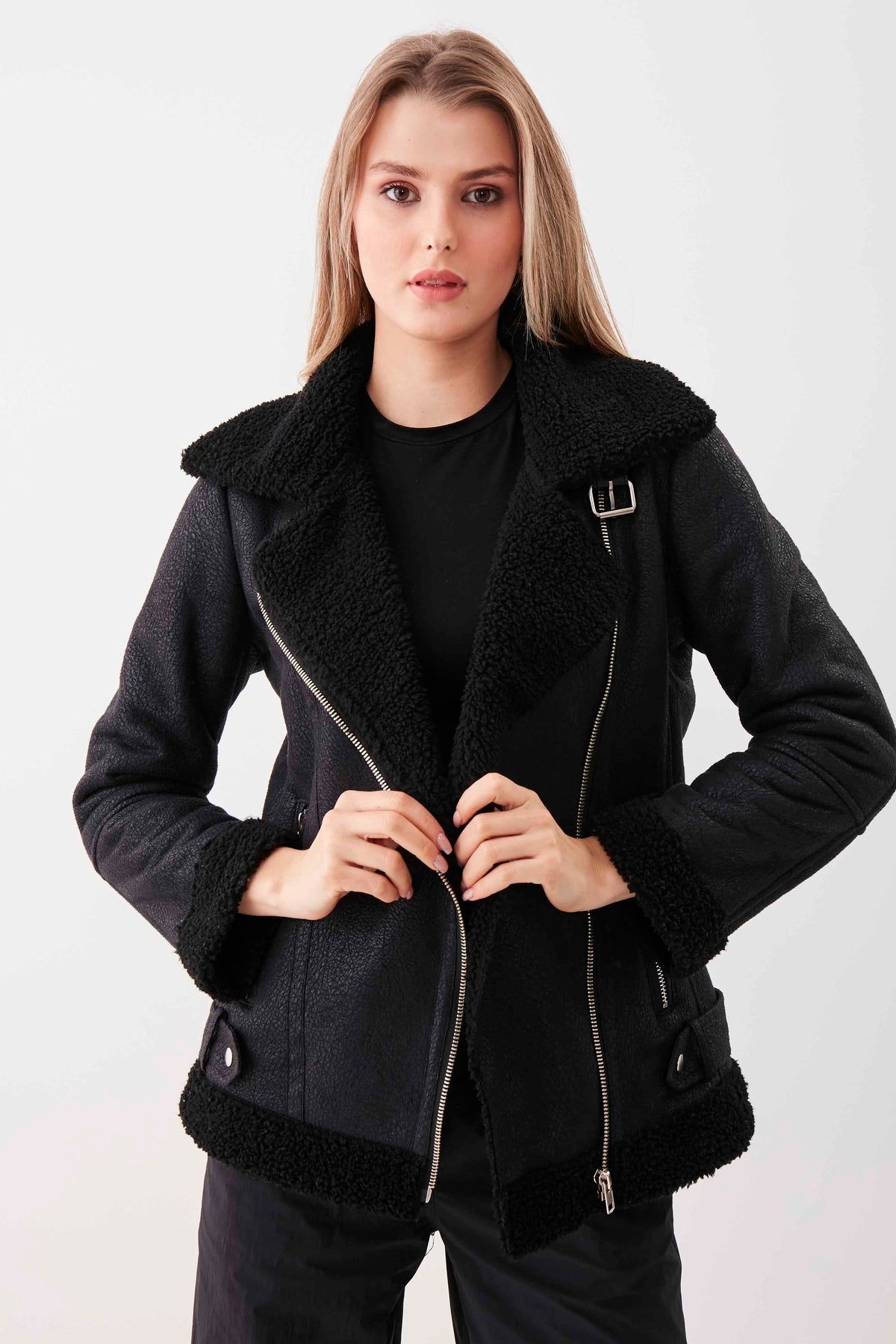 BIKER JACKET WITH FAUX LEATHER COLLAR TIE