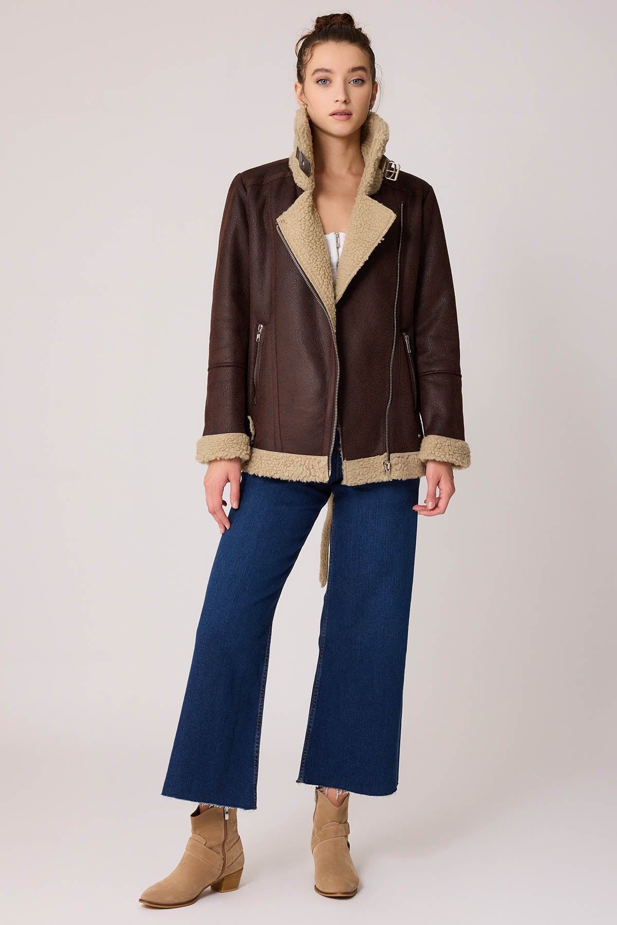BIKER JACKET WITH FAUX LEATHER COLLAR TIE
