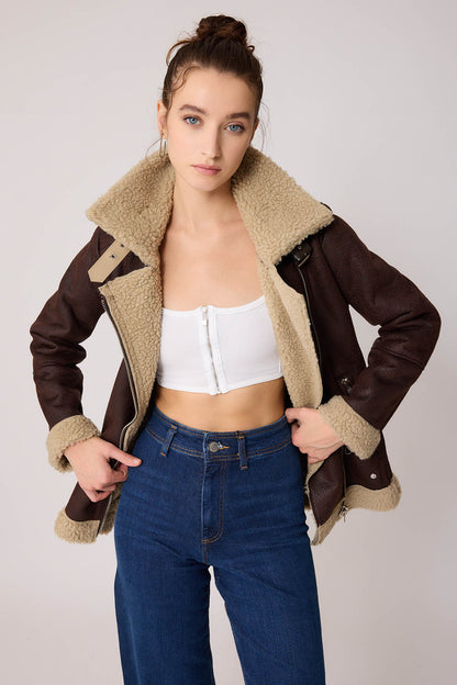 BIKER JACKET WITH FAUX LEATHER COLLAR TIE