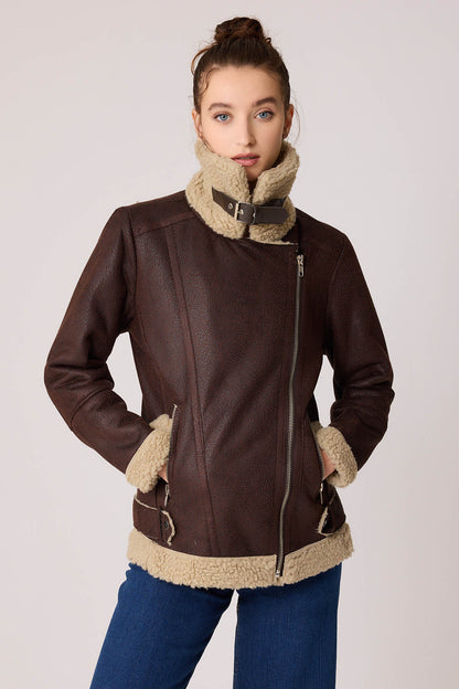 BIKER JACKET WITH FAUX LEATHER COLLAR TIE