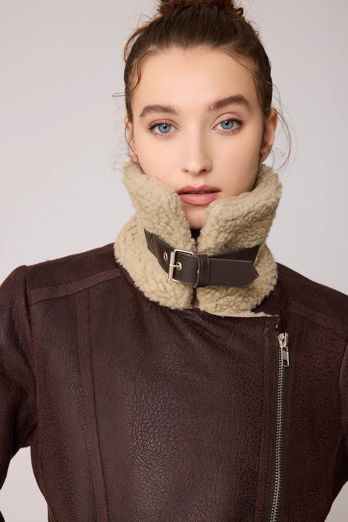 BIKER JACKET WITH FAUX LEATHER COLLAR TIE