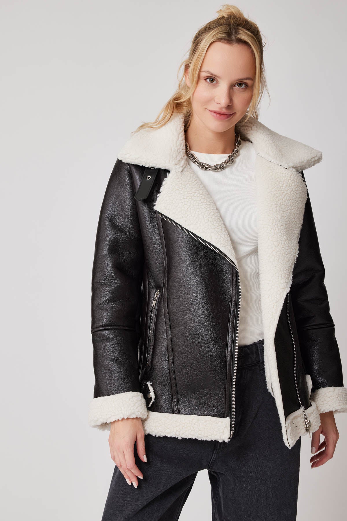 FAUX LEATHER BIKER JACKET WITH FUR