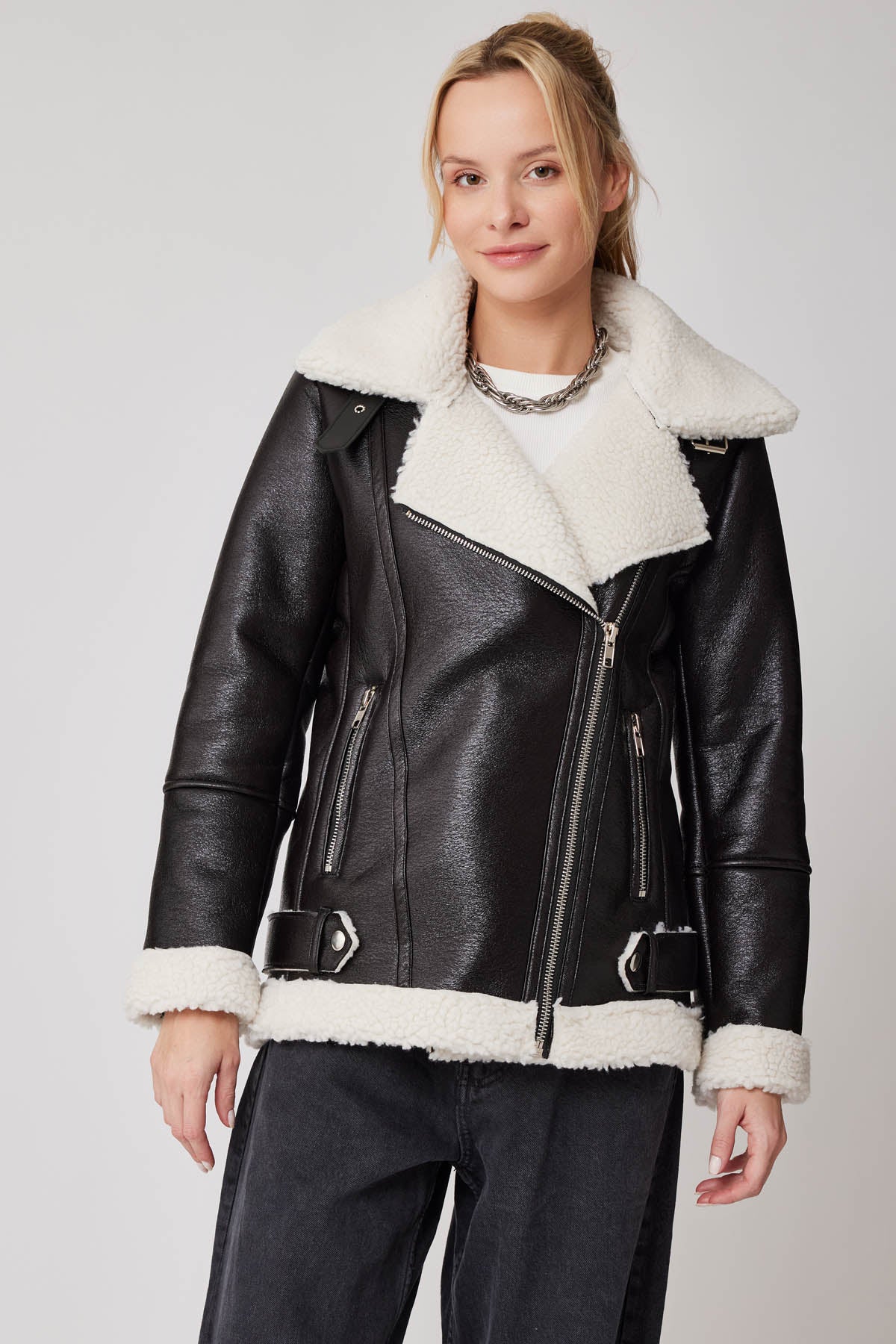 FAUX LEATHER BIKER JACKET WITH FUR