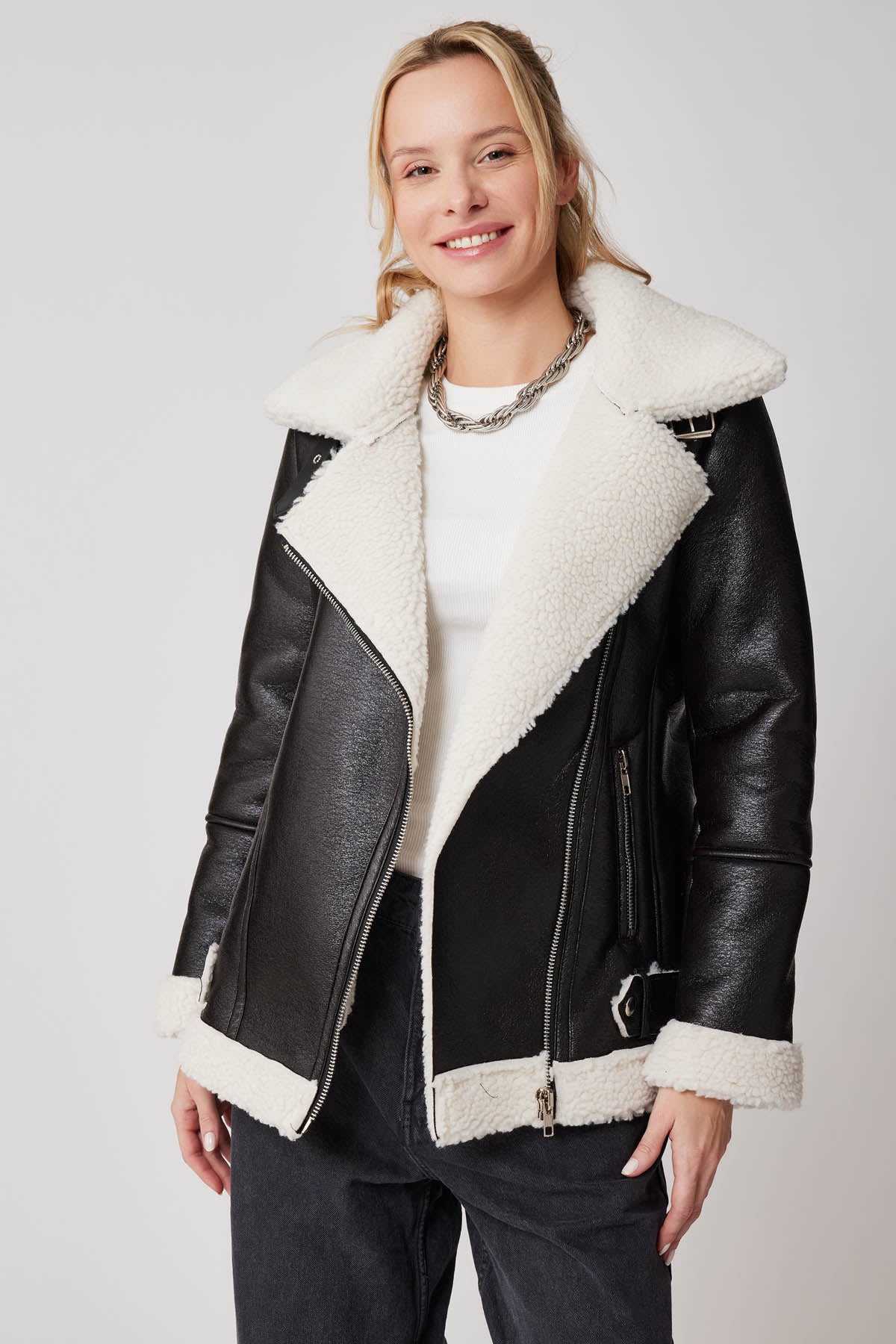 FAUX LEATHER BIKER JACKET WITH FUR
