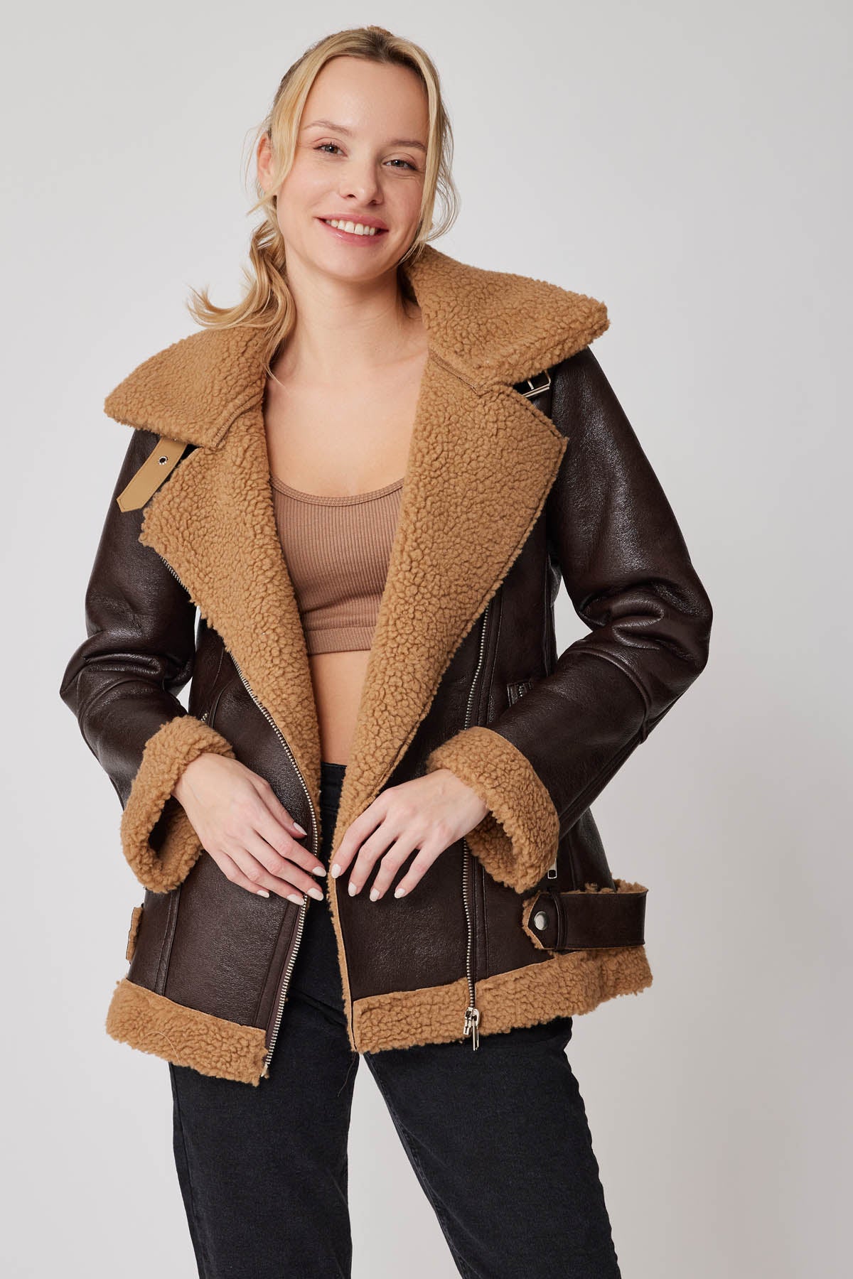 FAUX LEATHER BIKER JACKET WITH FUR