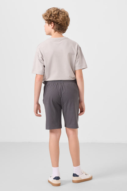 Stone-Anthracite Cotton Oversize Fit Weaving Lightweight Flexible Chino Shorts Set - 11276