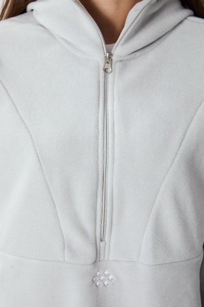 Thick Stone Soft Textured Hooded Oversize Embroidered Fleece Women's Sweatshirt -97286