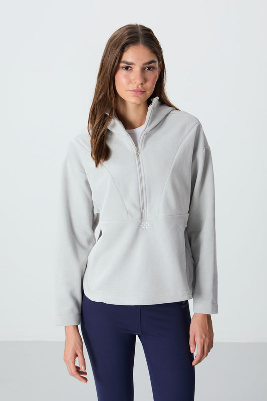Thick Stone Soft Textured Hooded Oversize Embroidered Fleece Women's Sweatshirt -97286