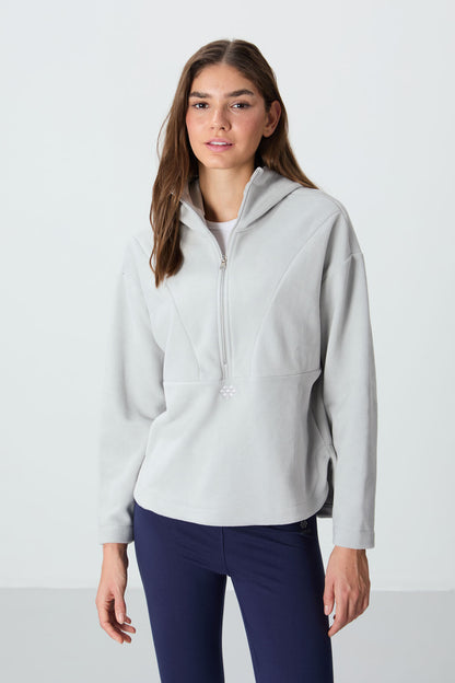 Thick Stone Soft Textured Hooded Oversize Embroidered Fleece Women's Sweatshirt -97286
