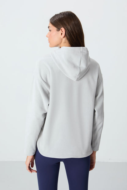 Thick Stone Soft Textured Hooded Oversize Embroidered Fleece Women's Sweatshirt -97286