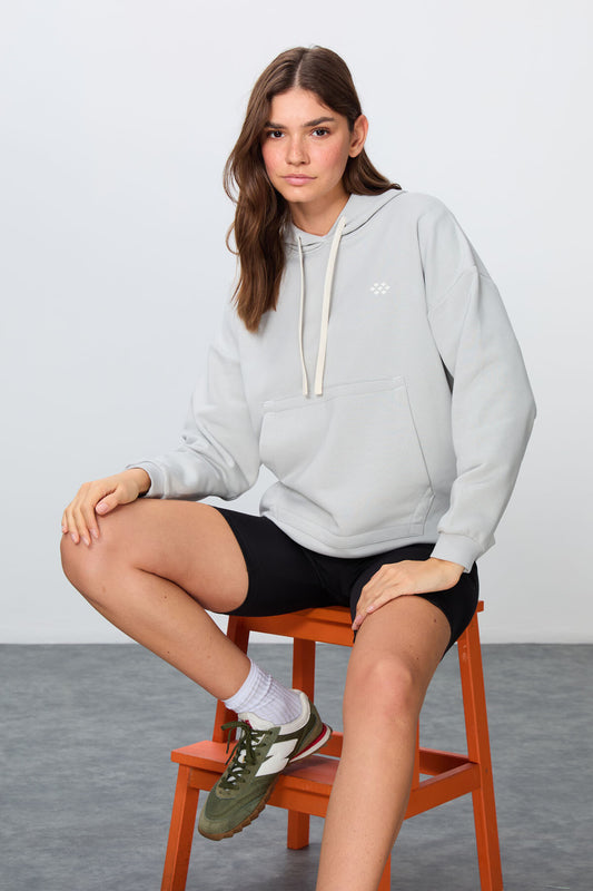 Stone Compact Cotton Thick Smooth Textured Hooded Oversize Fit Women's Sweatshirt - 97291