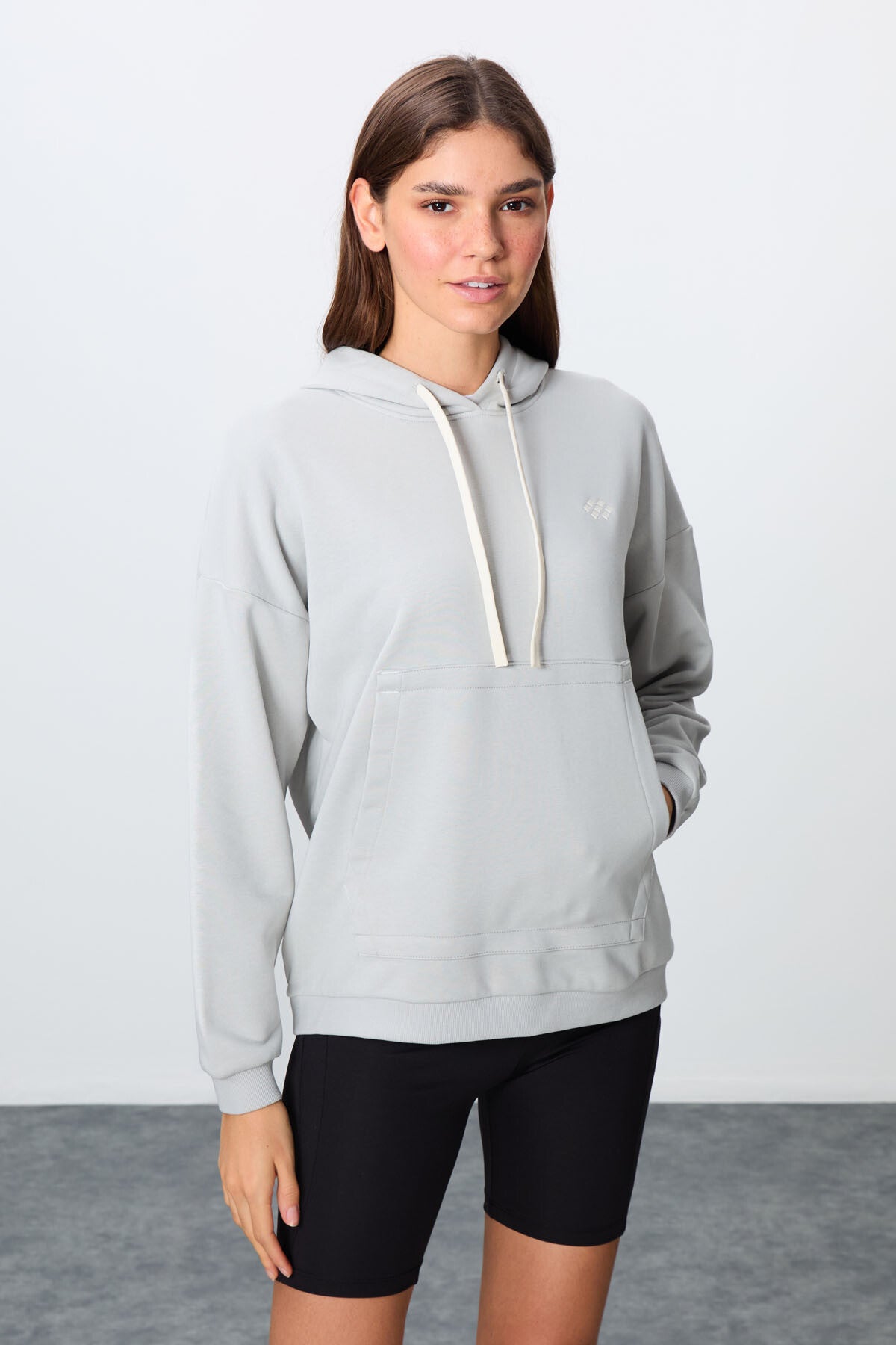 Stone Compact Cotton Thick Smooth Textured Hooded Oversize Fit Women's Sweatshirt - 97291