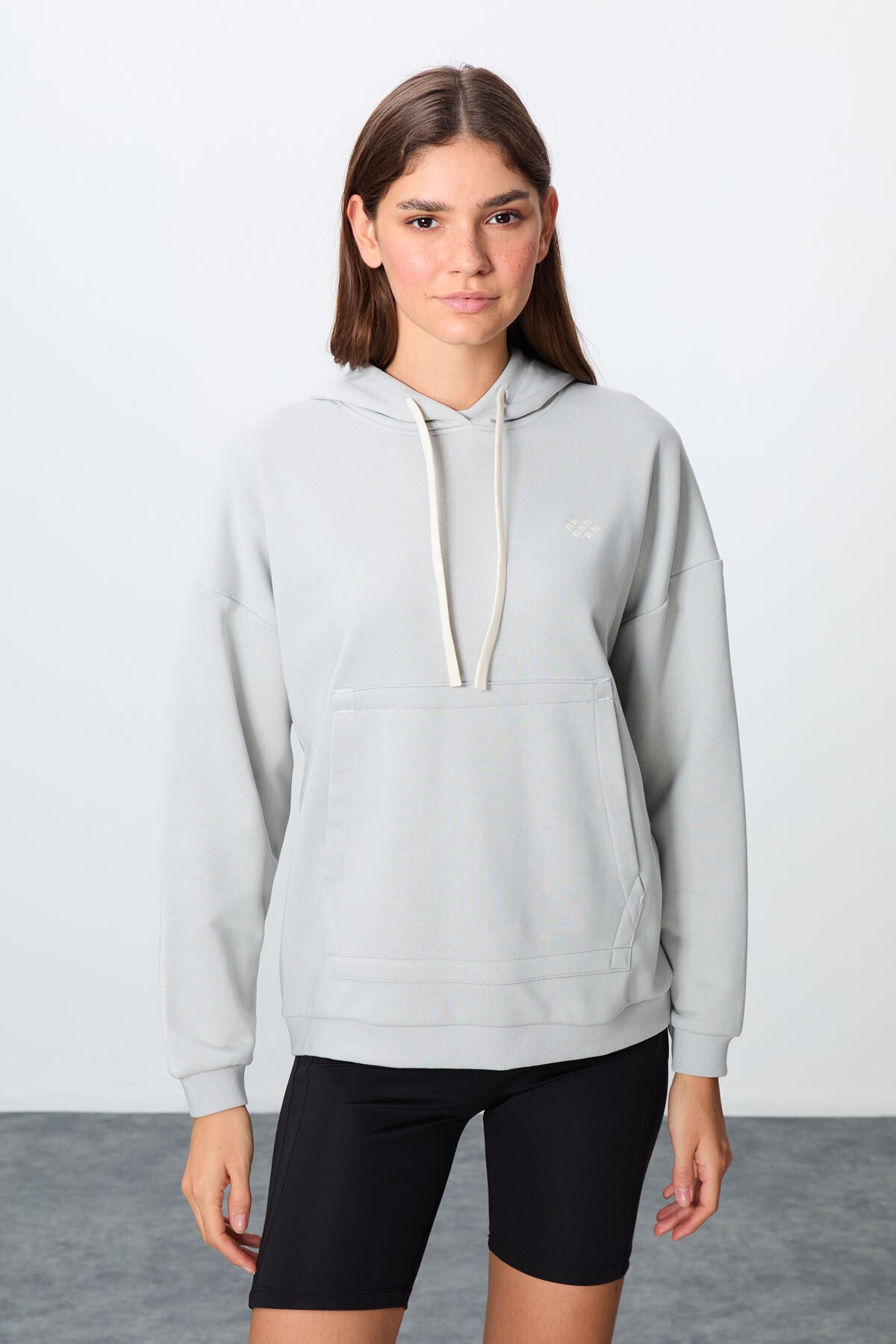 Stone Compact Cotton Thick Smooth Textured Hooded Oversize Fit Women's Sweatshirt - 97291