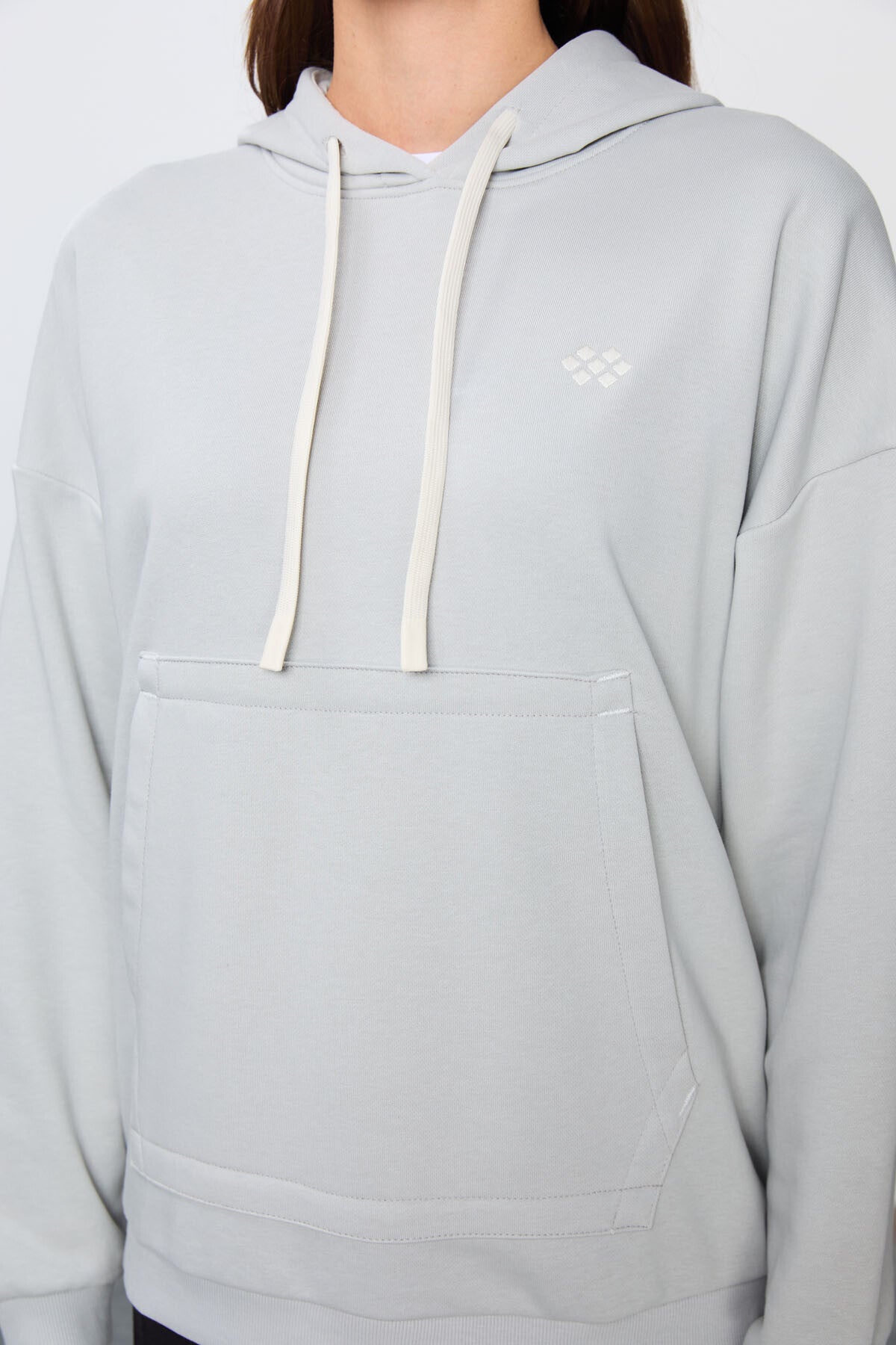 Stone Compact Cotton Thick Smooth Textured Hooded Oversize Fit Women's Sweatshirt - 97291