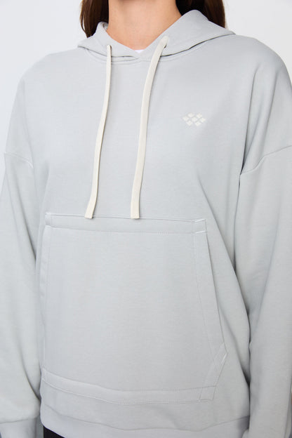 Stone Compact Cotton Thick Smooth Textured Hooded Oversize Fit Women's Sweatshirt - 97291