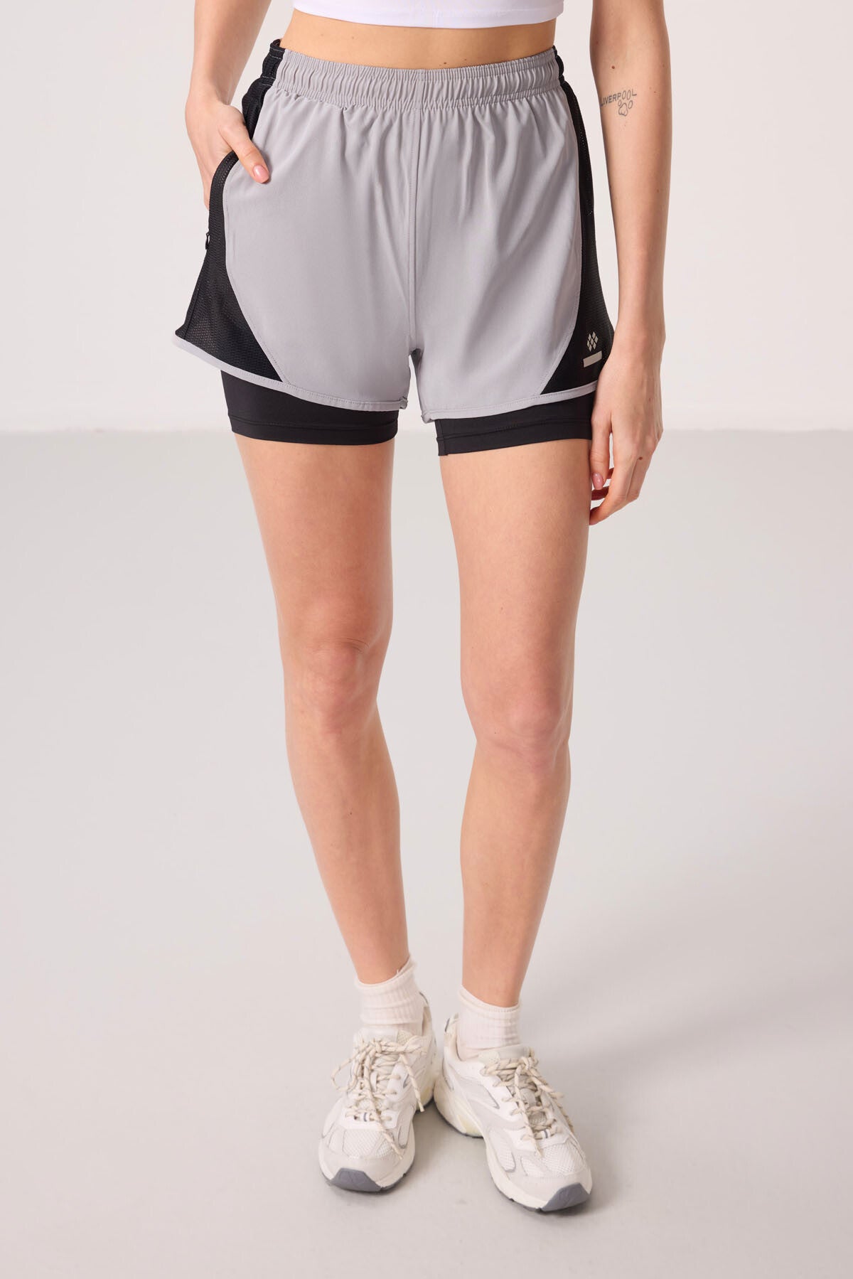 Stone Polyester Hidden Pocket Zippered Standard Fit Women's Lined Shorts - 91015