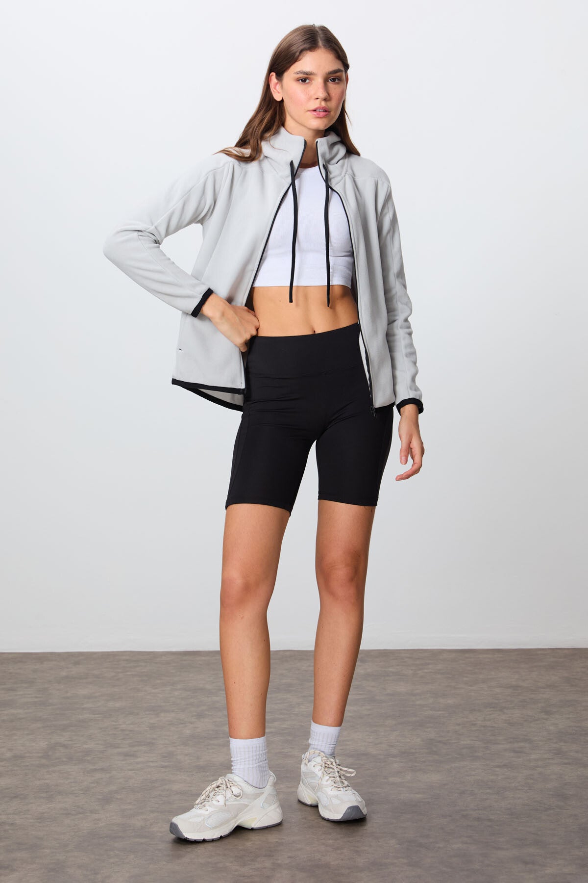 Stone Thick Soft Textured Hooded Standard Fit Embroidered Fleece Women's Sweatshirt -97287