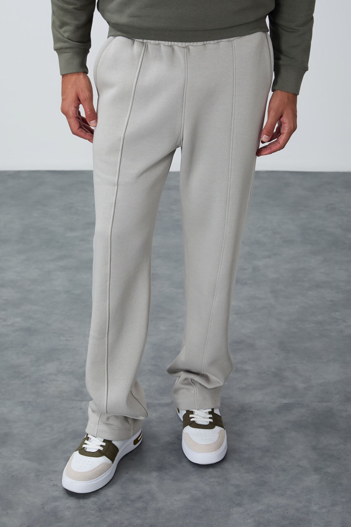 Stone Cotton Thick Fleece-Lined Soft Textured Oversize Embroidered Men's Tracksuit Bottom -82146
