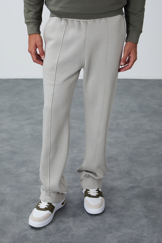 Stone Cotton Thick Fleece-Lined Soft Textured Oversize Embroidered Men's Tracksuit Bottom -82146