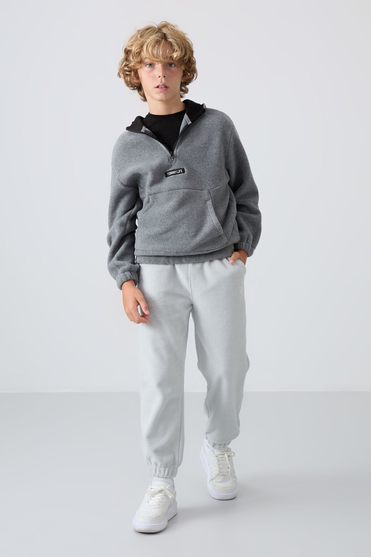 Stone Thick Soft Textured Standard Fit Embroidered Fleece Boys' Tracksuit Bottom - 11220