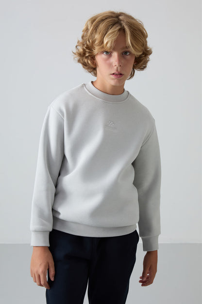 Stone Washed Thick Fleece-Lined Soft Textured Standard Fit Embroidered Boys' Sweatshirt - 11232