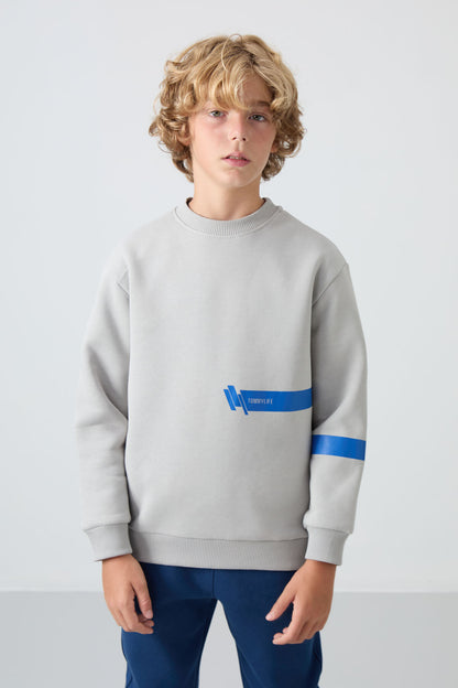 Stone Cotton Thick Fleece-Lined Soft Textured Standard Fit Printed Boys' Sweatshirt - 11238