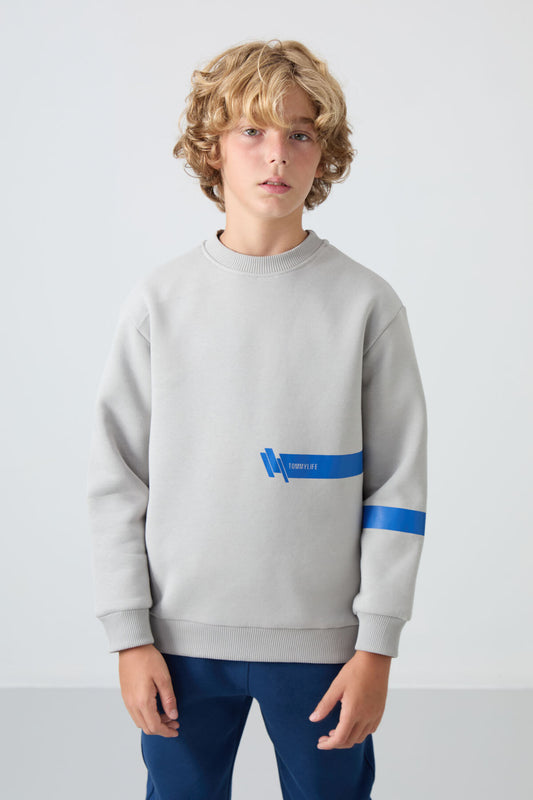 Stone Cotton Thick Fleece-Lined Soft Textured Standard Fit Printed Boys' Sweatshirt - 11238