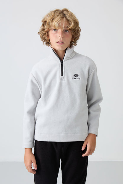 Stone Thick Soft Textured Standard Fit Embroidered Fleece Boys' Sweatshirt - 11221