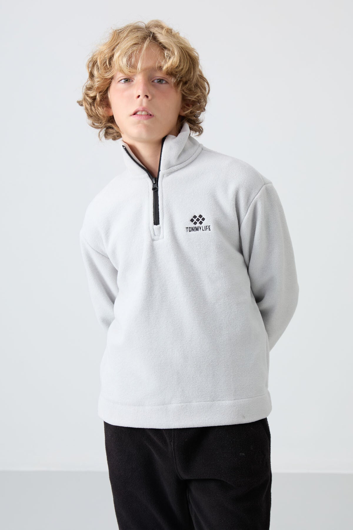 Stone Thick Soft Textured Standard Fit Embroidered Fleece Boys' Sweatshirt - 11221