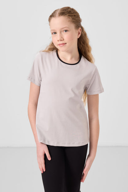 Stone-Black Cotton O Collar Standard Fit Basic Girl Tights Set - 75192