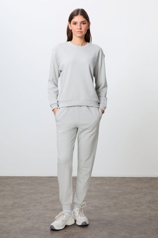Stone Compact Cotton Thick Smooth Textured O Collar Oversize Fit Women's Tracksuit Set - 95341