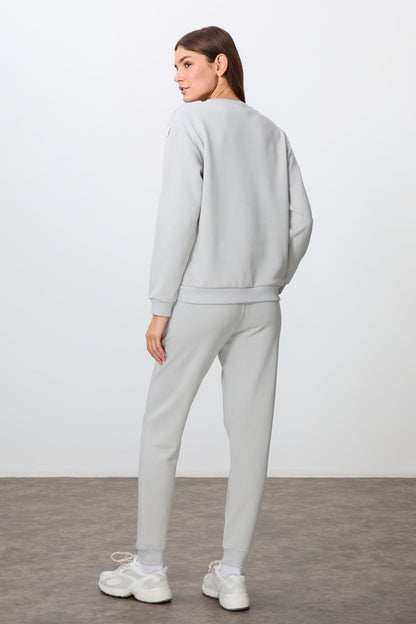 Stone Compact Cotton Thick Smooth Textured O Collar Oversize Fit Women's Tracksuit Set - 95341
