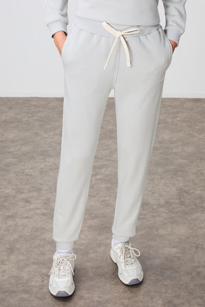 Stone Compact Cotton Thick Smooth Textured O Collar Oversize Fit Women's Tracksuit Set - 95341