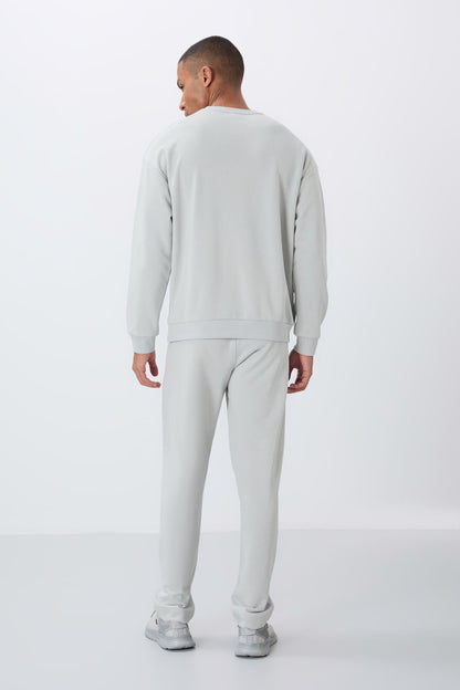 Stone Compact Cotton Thick Smooth Textured O Collar Comfort Fit Men's Tracksuit Set -85263