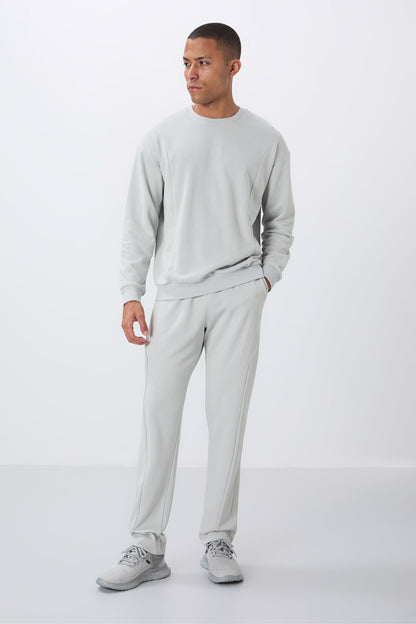 Stone Compact Cotton Thick Smooth Textured O Collar Comfort Fit Men's Tracksuit Set -85263