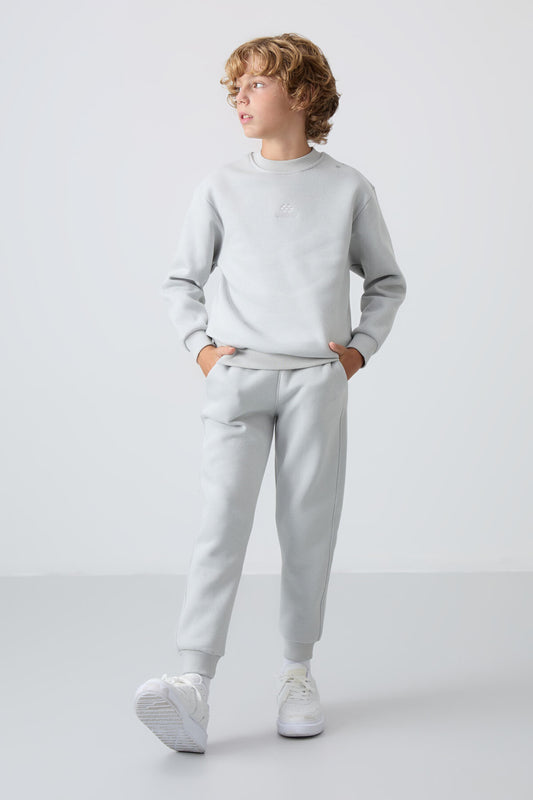 Stone Cotton Thick Fleece-Lined Soft Textured Standard Fit Embroidered Boys' Tracksuit Set - 11249