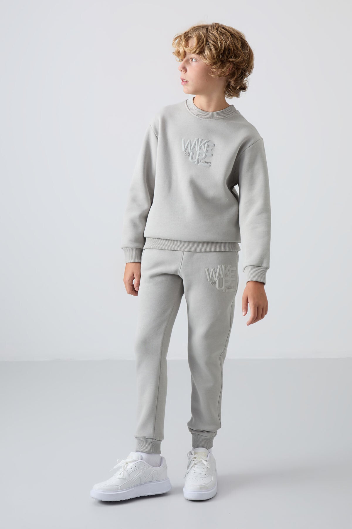 Stone Cotton Thick Fleece-Lined Soft Textured Standard Fit Printed Boys' Tracksuit Set - 11253