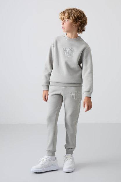 Stone Cotton Thick Fleece-Lined Soft Textured Standard Fit Printed Boys' Tracksuit Set - 11253