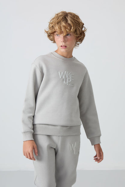 Stone Cotton Thick Fleece-Lined Soft Textured Standard Fit Printed Boys' Tracksuit Set - 11253