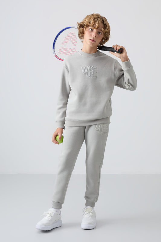 Stone Cotton Thick Fleece-Lined Soft Textured Standard Fit Printed Boys' Tracksuit Set - 11253