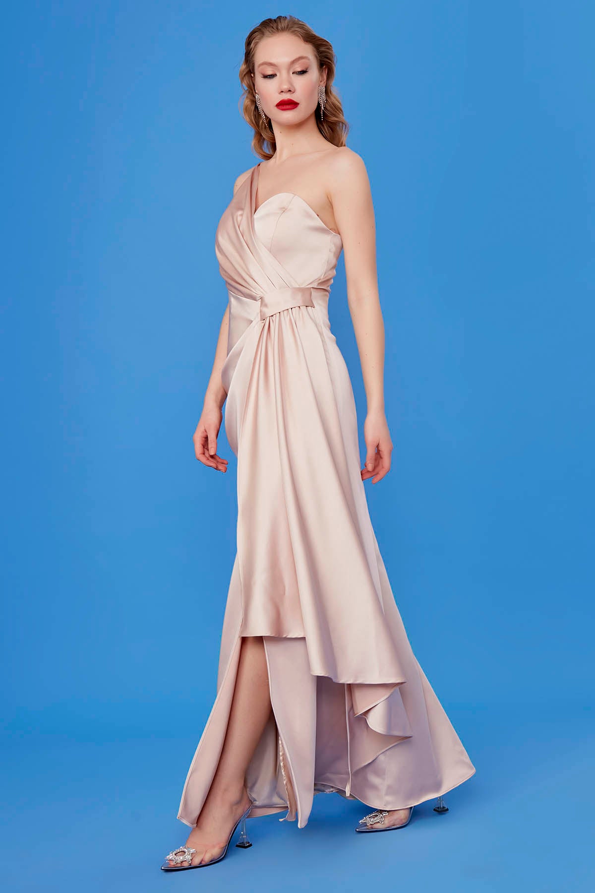 ONE SHOULDER LONG SATIN DRESS