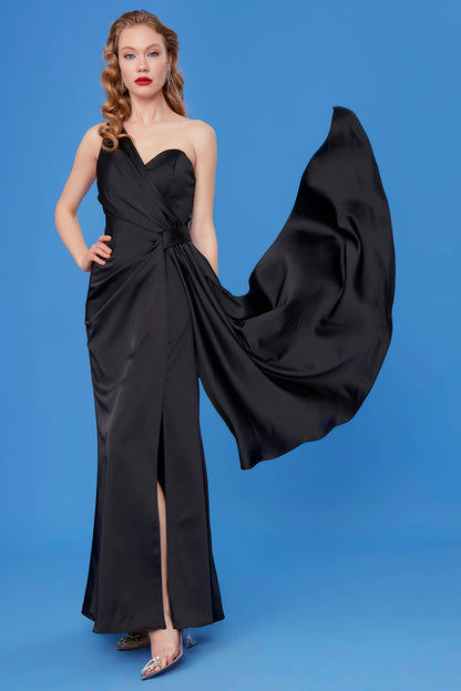 ONE SHOULDER LONG SATIN DRESS