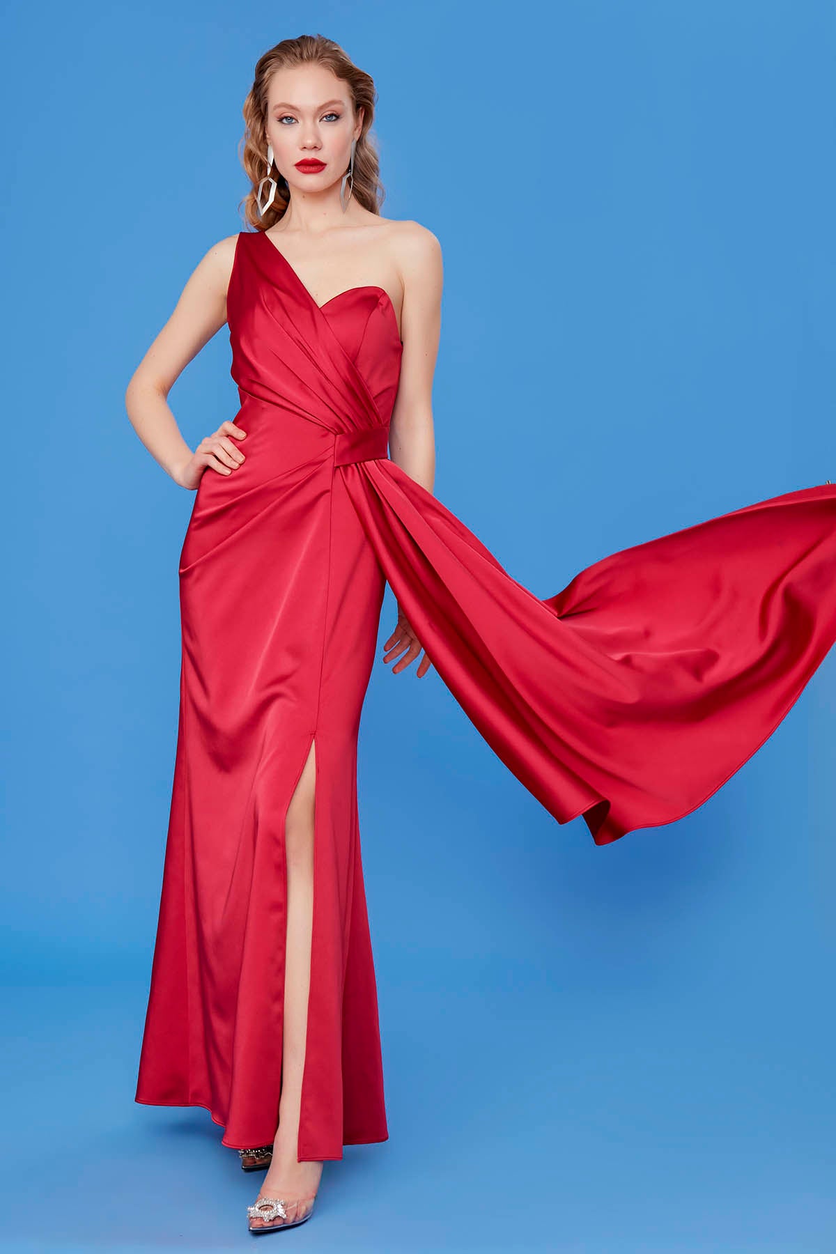 ONE SHOULDER LONG SATIN DRESS
