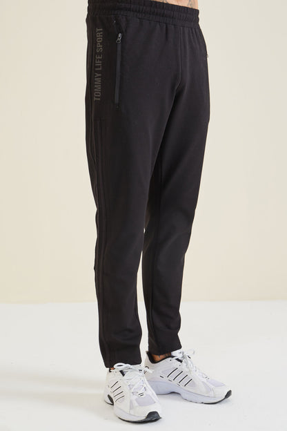 Black Printed Double Striped Slim Fit Jogger Men's Tracksuit Bottom - 84780