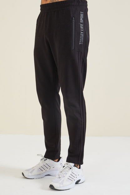 Black Printed Double Striped Slim Fit Jogger Men's Tracksuit Bottom - 84780