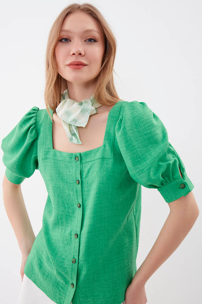 U-COLLAR LOOSE SLEEVE BUTTON BLOUSE