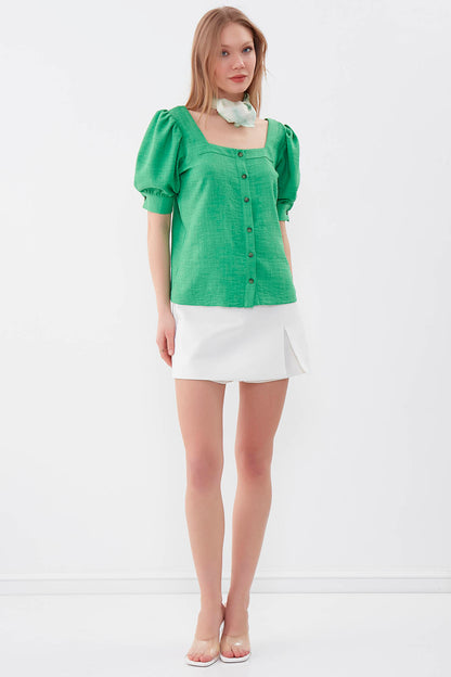 U-COLLAR LOOSE SLEEVE BUTTON BLOUSE